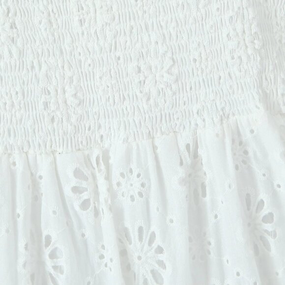 Women White Embroidery Hollow Out Hole Flower Short Puff Sleeve Mini Dress - Picture 6 of 16